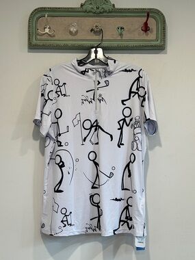 Acegolfs Men's White TEE Black Stick-Figure Golf Print quarter zip shirt xl new